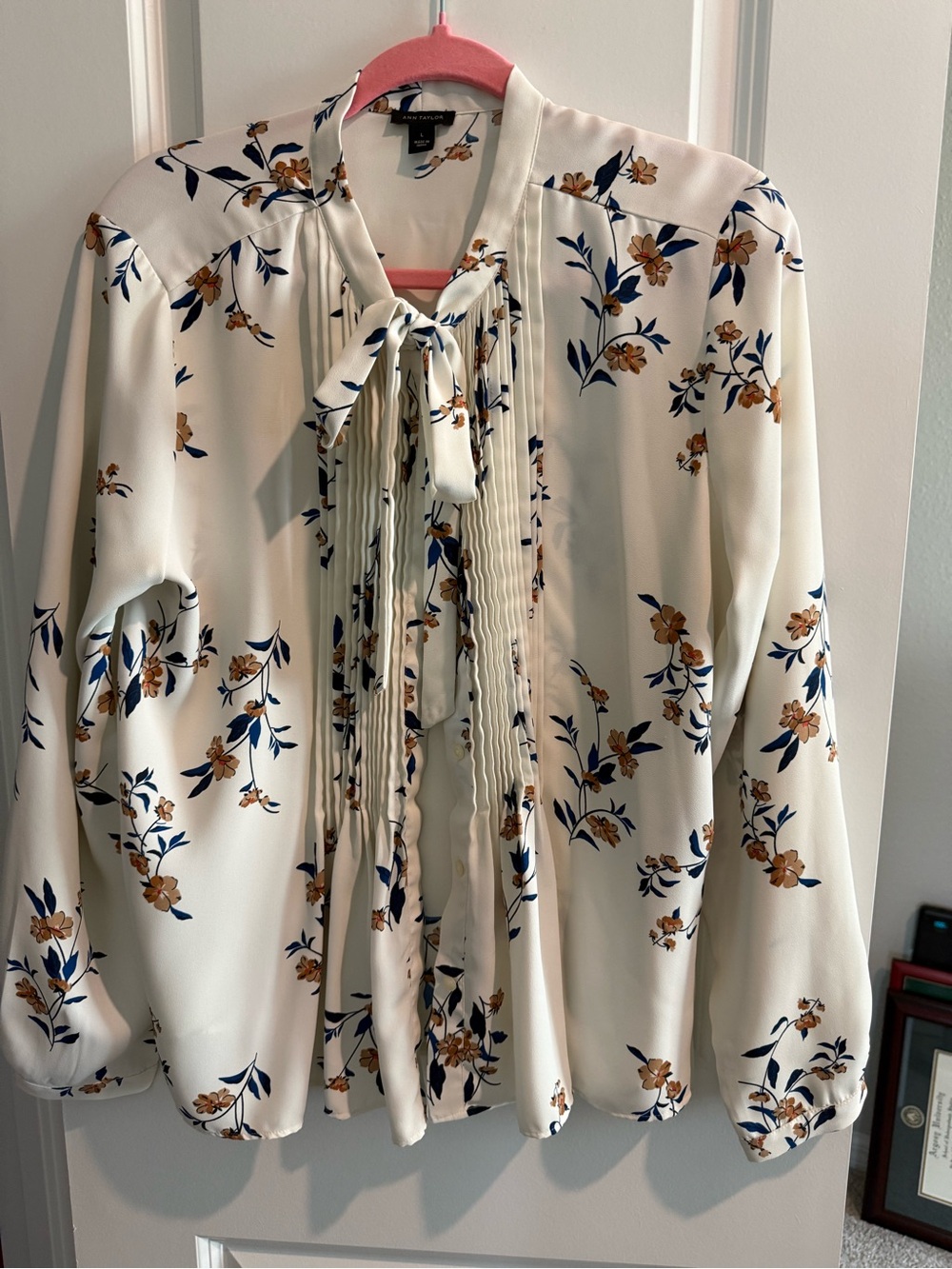 Ann Taylor Cream Floral Tie-Neck Blouse with Blue & Brown Prints